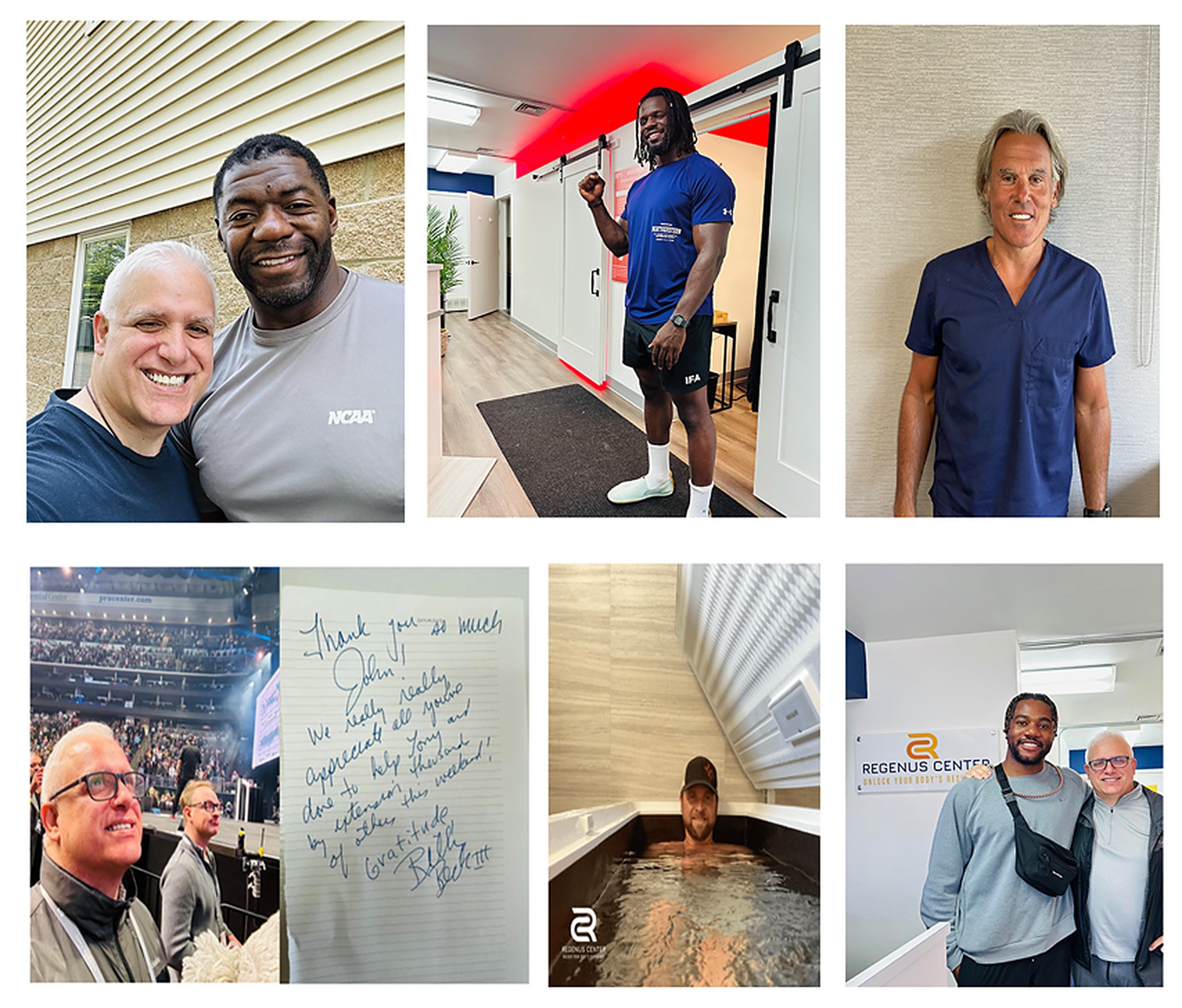 Photos from John's work: guests at Regenus Center, a handwritten thank-you note to John, and a cold plunge session